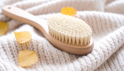 Natural wooden hair and body brush and autumnal leaves on light beige knitted fabric texture background. 