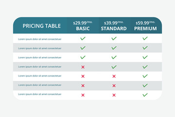 Pricing Table Comparison, business plan pricing grid, web banner checklist design template. Vector compare price design list