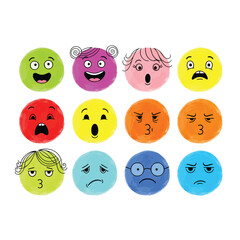 A diverse set of handdrawn emotional smiley faces and emoticons in bright vibrant colors.