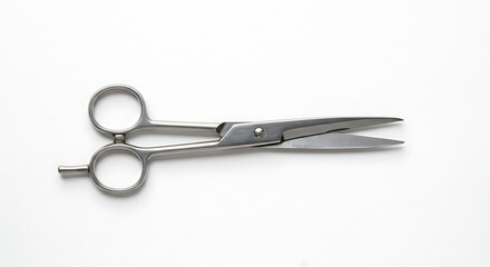 Obraz premium Professional Hairdressing Shears: Precision Cutting Tool on a Clean White Background with Silver Steel Blades and Comfortable Finger Rings, Ready