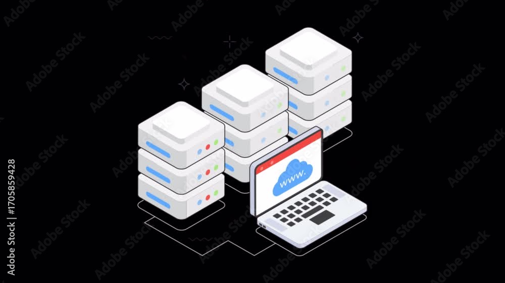 Aufkleber web hosting on cloud server stack isometric animation alpha channel
