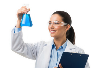 Smiling female scientist in lab coat holding flask with blue liquid and clipboard transparent background