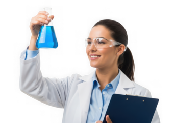 Smiling female scientist in lab coat holding flask with blue liquid and clipboard transparent background