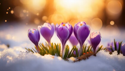 Close Up Of Purple Crocus Flowers Blooming Through Melting Snow With Warm Golden Bokeh Background Creating A Serene And Hopeful Spring Atmosphere