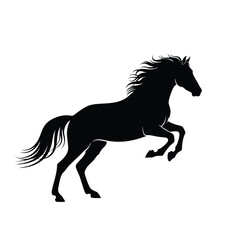 A powerful black silhouette of a majestic horse rearing up on its hind legs with a flowing mane and tail.