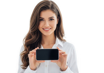 Smiling young woman with long brown hair holding a smartphone transparent background