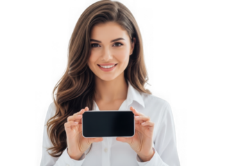Smiling young woman with long brown hair holding a smartphone transparent background