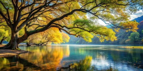 Serene Autumnal Lakeside Scene with Majestic Weeping Willow Tree Branches Arching Over Calm Water, Reflecting Golden Sunlight