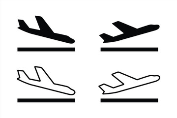 Arrivals and departure plane signs. Airport Sign. Simple icons, airplane landing and takeoff. Airport icons set departures, arrivals. Vector illustration Aircraft or Airplane