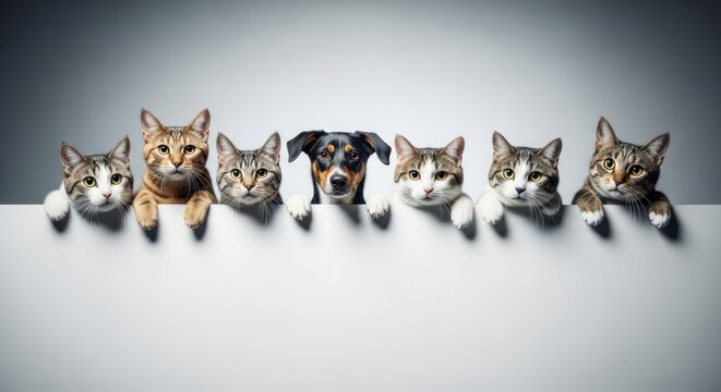 Six cats and one dog peer over a white ledge in a studio setup