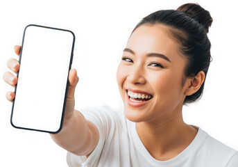 Young asian woman holding smartphone with blank screen joyful portrait studio shot transparent background