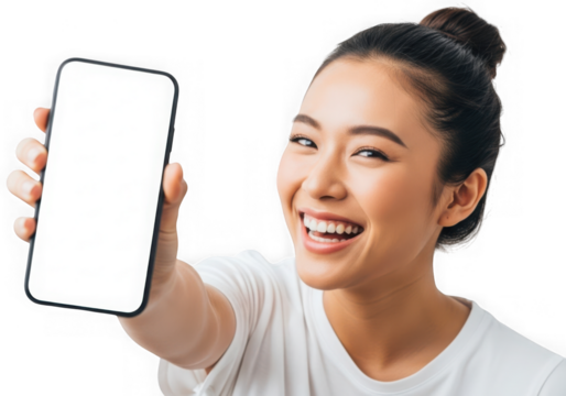 Young asian woman holding smartphone with blank screen joyful portrait studio shot transparent background