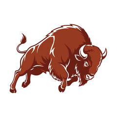 A powerful stylized illustration of a charging brown American bison or buffalo mascot. © Alisya Design