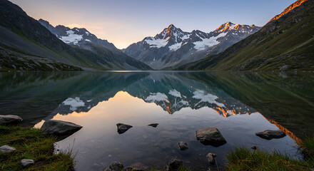 A beautiful, clear mountain lake perfectly reflects a stunning alpine range and colorful sunset sky, creating a serene and symmetrical masterpiece.