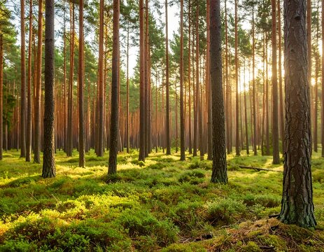 Sunlight streams through a dense pine forest