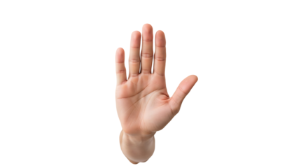 A light-toned hand gestures a clear stop sign against a black background.