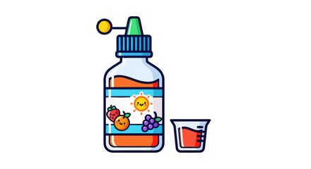 Colorful liquid medicine bottle with dropper and measuring cup.