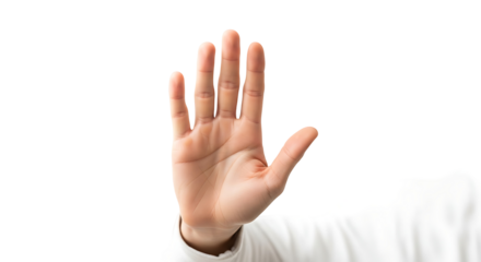 A hand displays a clear stop gesture against a black background.