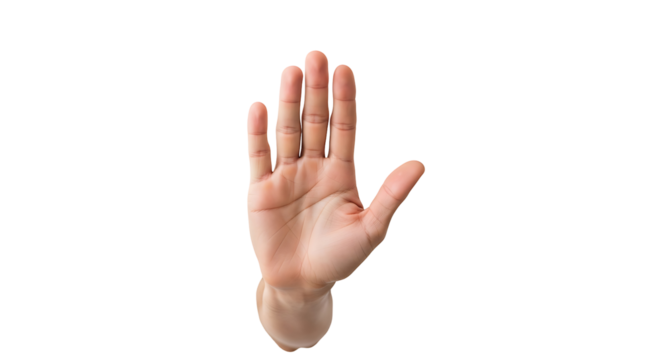 A light-toned hand gestures a clear stop sign against a black background.