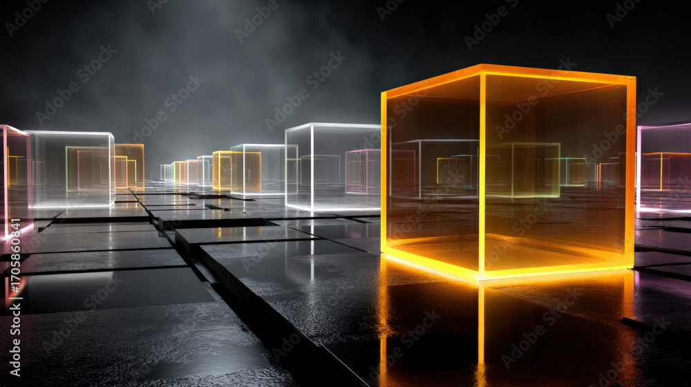 Poster transparent floating cubes with glowing neon edges in a surreal infinite space