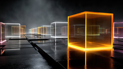 Transparent floating cubes with glowing neon edges in a surreal infinite space