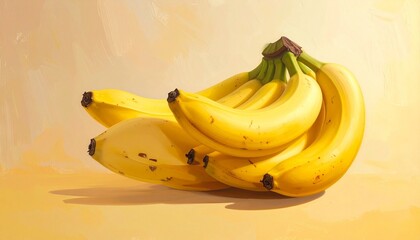Fresh banana bunch with yellow peel curved shape tropical fruit and organic food appearance on plain colorful background
