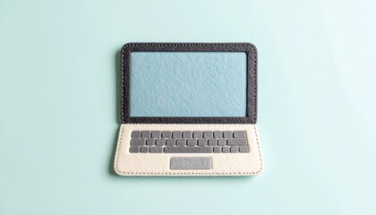 Cute felt laptop made of gray and white fabric, flat lay on pastel background, creative handmade felt technology design for digital or education concepts