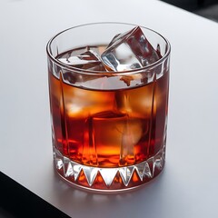 A refreshing amber cocktail with ice cubes in a faceted glass on a light surface