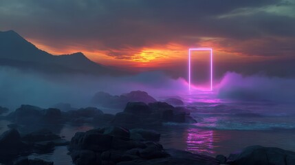 A futuristic night landscape featuring glowing neon skyscrapers