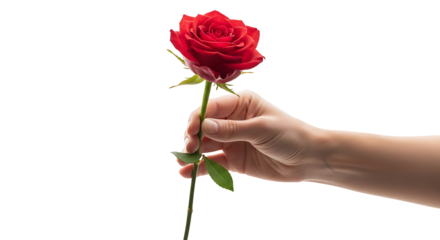 A hand extends, offering a vibrant red rose against a striking black backdrop.