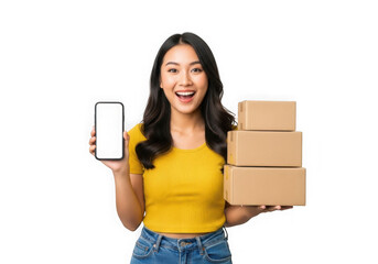 Excited asian woman holds smartphone and stack of delivery boxes ready for shipping transparent background