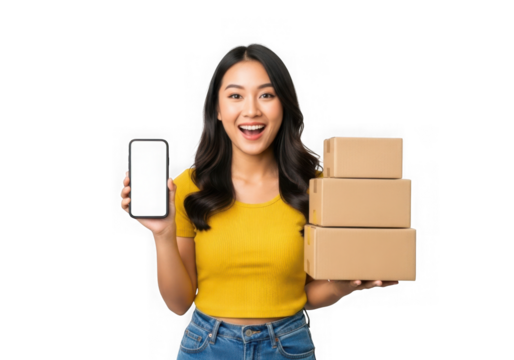 Excited asian woman holds smartphone and stack of delivery boxes ready for shipping transparent background