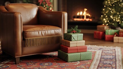 Cozy christmas scene with a leather armchair, fireplace, and decorated tree