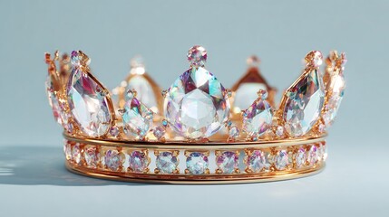 A regal gold crown adorned with numerous iridescent, faceted gemstones, sits on a pale blue background, casting a subtle shadow.  The crown features two tiers 