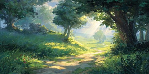 Fototapeta premium A sunlit path meanders through a vibrant, lush forest filled with green trees and grass on a bright and inviting day