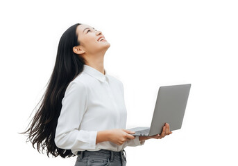 Young asian woman with long dark hair holding laptop looking upward professionally transparent background