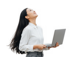 Young asian woman with long dark hair holding laptop looking upward professionally transparent background