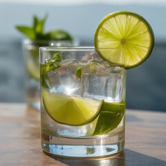 Closeup of a refreshing gin and tonic with lime and mint in a clear glass