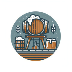 Minimalist flat illustration of a beer brewing kit set up in a cozy kitchen corner, showcasing the homebrewing process with fermentation vessels and ingredients, on a white background.