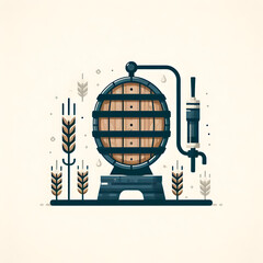 Minimalist flat illustration of a beer brewing kit set up in a cozy kitchen corner, showcasing the homebrewing process with fermentation vessels and ingredients, on a white background.