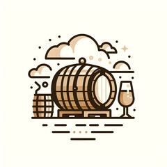 Minimalist flat illustration of a beer brewing kit set up in a cozy kitchen corner, showcasing the homebrewing process with fermentation vessels and ingredients, on a white background.