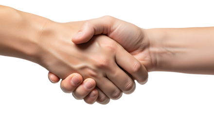 Two hands clasped in a friendly handshake against a dark background, highlighting the delicate skin textures and veins.