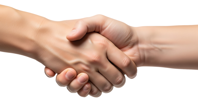 Two hands clasped in a friendly handshake against a dark background, highlighting the delicate skin textures and veins.