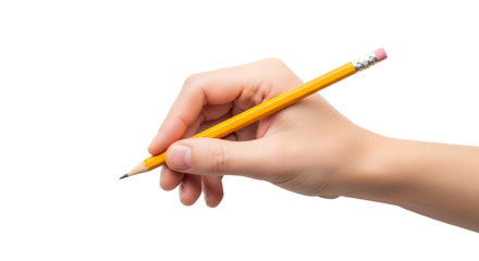 A hand holds a yellow pencil against a black backdrop.