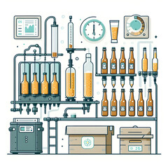 Minimalist flat illustration of a beer brewing kit set up in a cozy kitchen corner, showcasing the homebrewing process with fermentation vessels and ingredients, on a white background.