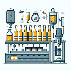 Minimalist flat illustration of a beer brewing kit set up in a cozy kitchen corner, showcasing the homebrewing process with fermentation vessels and ingredients, on a white background.