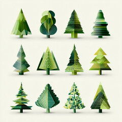 Obraz premium Collection of stylized green paper trees in various shapes and sizes
