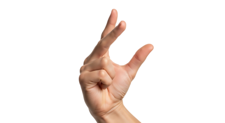Close-up of a light-skinned hand making a specific hand gesture against a pure black background.