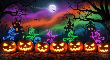 Spooky halloween night scene with glowing pumpkins and neon witches flying
