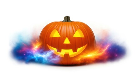 Glowing halloween pumpkin with magical smoke on a white background